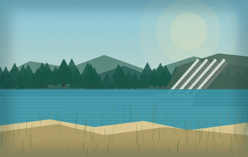 Ilustracja Jeziora Żarnowieckiego, lasów i rur Elektrowni Wodnej Żarnowiec